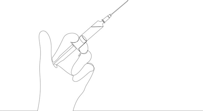 recommend clip art: Hand holding syringe with needle continuous one line drawing. Vaccination, health care injection concept drawn by single line. Vector illustration.