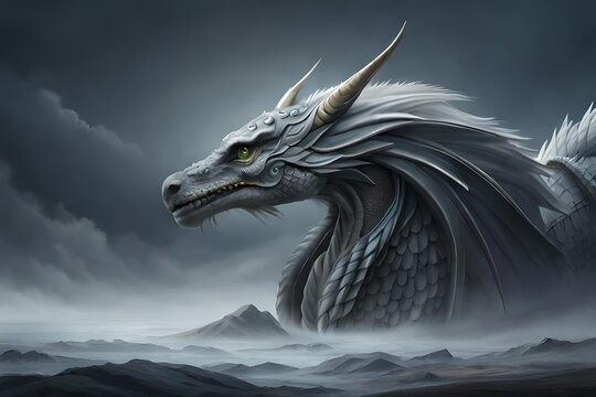 the dragon in the dark, mighty dragon on the grey background, mighty dragon in ocean