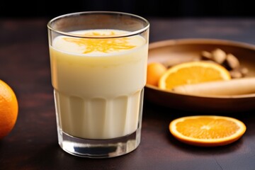 horchata served with a slice of orange by the side