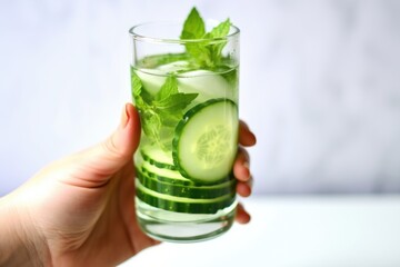 Fototapeta premium hand holding a glass of cucumber mint water up to the light