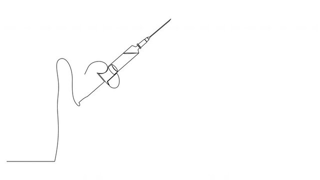 Self drawing simple animation of hand holding syringe with needle drawn by continuous one line. Animated vaccination, health care injection concept made with single line.