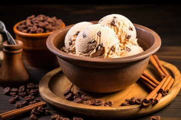 rum raisin ice cream in a rustic bowl