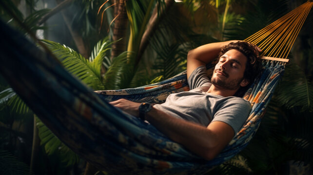 山の森の中、ハンモックでのくつろぎ写真