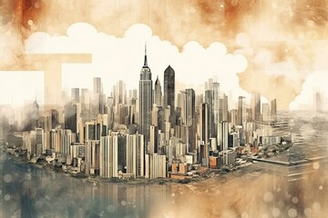 Contemporary cityscape, panoramic view of urban skyline under cloudy sky. Generative AI