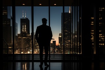 An entrepreneur stands in a low-lit chamber, the city structures silhouetted against the dim light, evoking a powerful aura of influence and class.