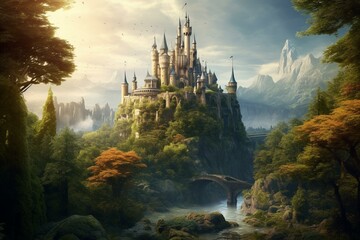 Fototapeta premium An image featuring a castle surrounded by trees in a scenic forest. Generative AI