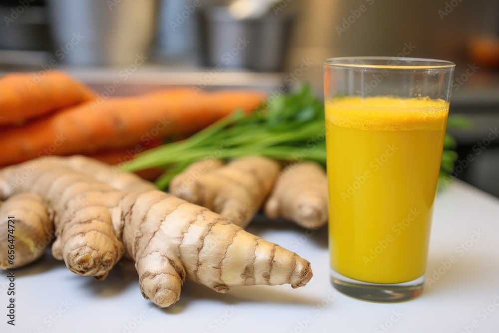 Wall mural raw turmeric root next to a turmeric smoothie - Wall murals