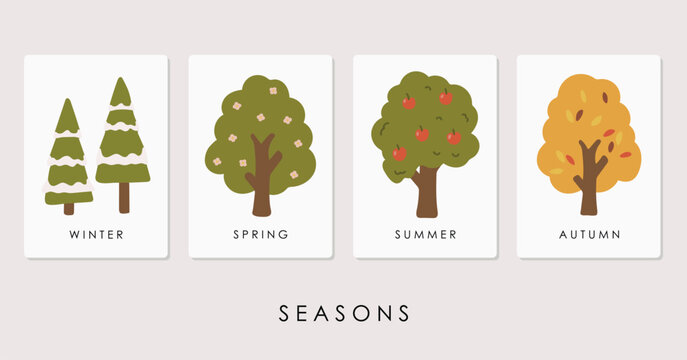 Seasons Cards, Educational Cards, Kids Materials, Kindergarten Vector, School Materials, Educational Seasons Vector, Kids Cards