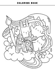 Cute Adult coloring page doodles, sketch coloring book for relaxing. Vector design. Cake, animals, candy, fruit, pineapple, heart, kawaii, star, rainbow, love, sun, bunny 
