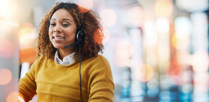 Happy woman, call center and headphones on bokeh background in customer service or telemarketing at office. Female person, consultant or agent smile for online advice, help or virtual assistance