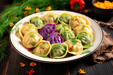 a plate of colorful polish pierogi dumplings garnished with herbs