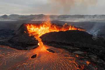 Beautiful aerial panoramatic view of active volcano, Litli - Hrutur, Iceland 2023