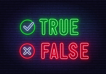 True False neon sign on brick wall background. - obrazy, fototapety, plakaty