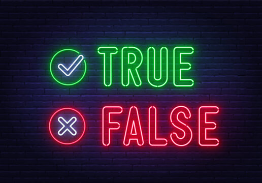 True False neon sign on brick wall background.