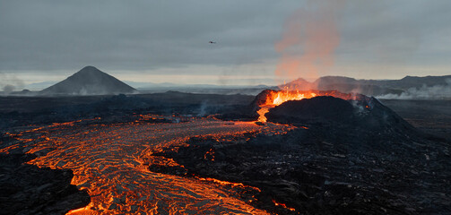 Beautiful aerial panoramatic view of active volcano, Litli - Hrutur, Iceland 2023