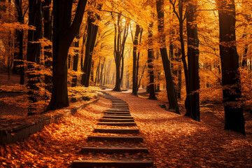 Autumn park, with rich warm colors, focused on the orange themes and the traditional October...