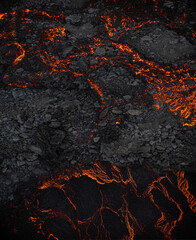 Aerial view of the texture of a solidifying lava field, close-up