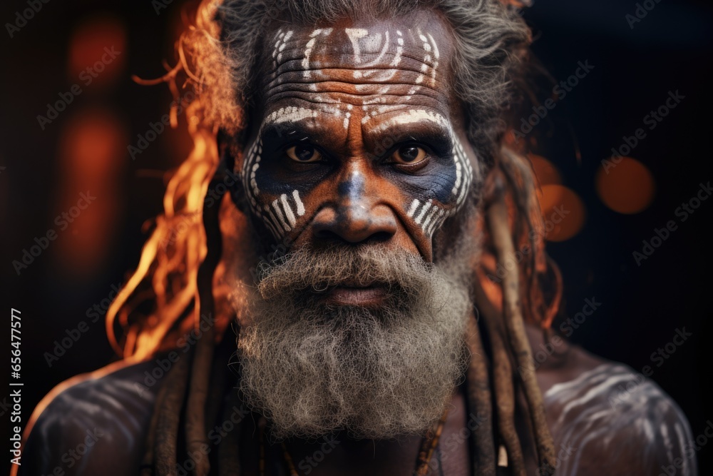 Aufkleber a detailed close-up of a person with a beard and vibrant face paint. this image can be used for vari