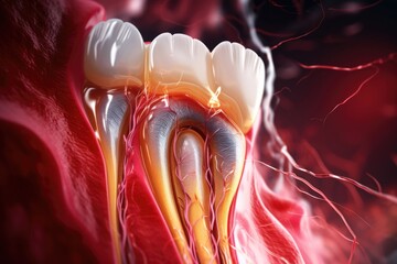 A detailed view of a tooth with a toothbrush. This image can be used to promote dental hygiene and oral care. - obrazy, fototapety, plakaty