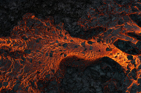 Aerial view of the texture of a solidifying lava field, close-up