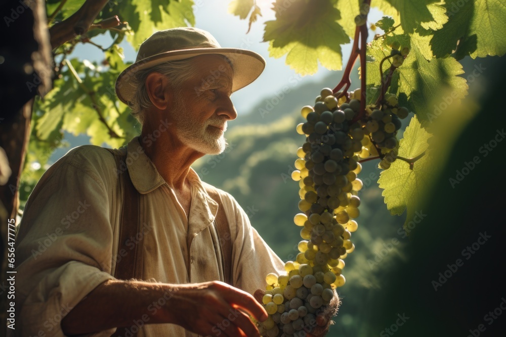 Poster A man is pictured standing next to a bunch of grapes. This image can be used to depict concepts such as agriculture, farming, harvest, vineyards, or healthy eating.