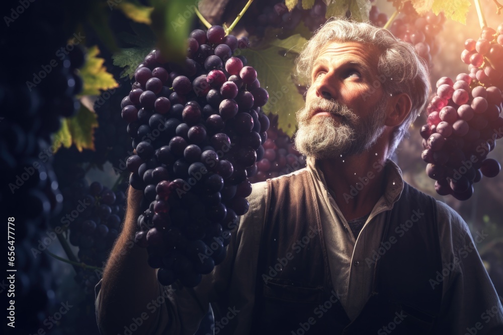 Poster A man standing confidently in front of a large bunch of grapes. This image can be used to represent concepts such as agriculture, wine-making, harvest, or healthy eating.