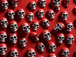 Many Skulls Are Arranged In A Row On A Red Background