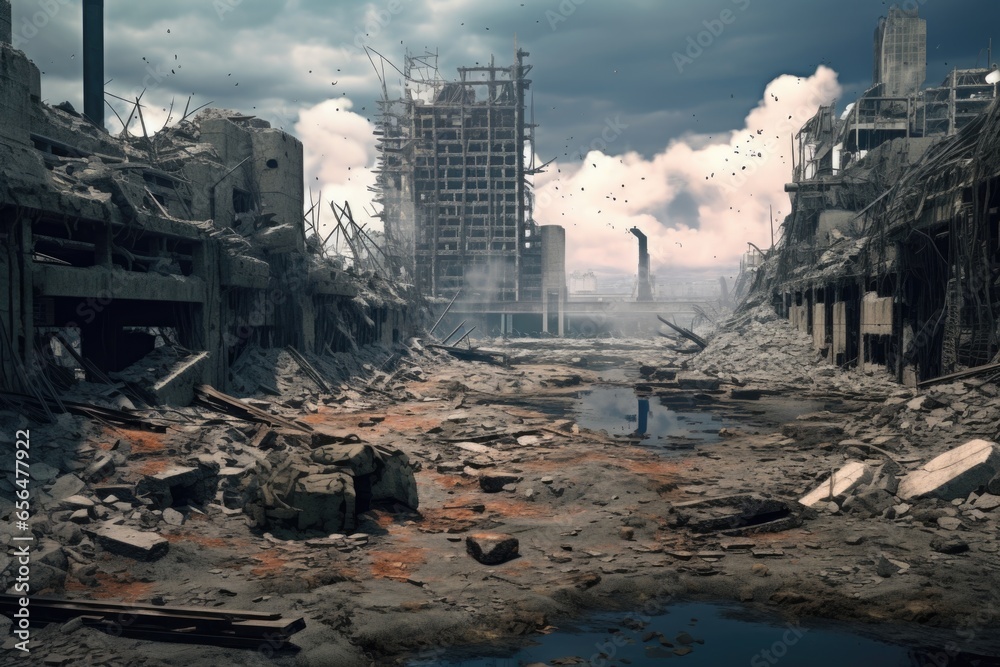 Poster a man is walking through a destroyed city. this image can be used to depict post-apocalyptic scenari