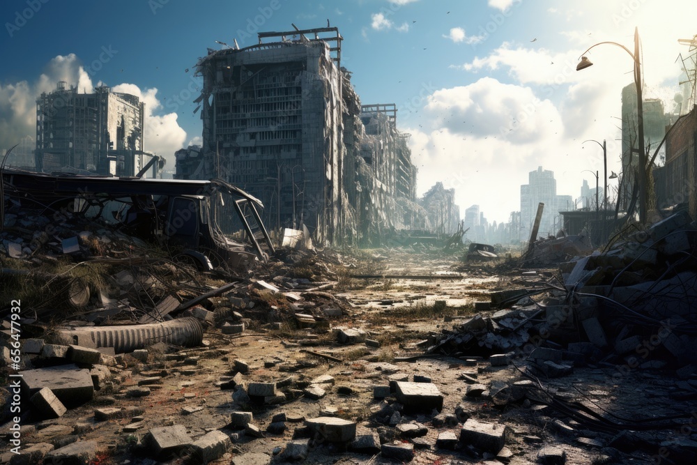 Poster A picture of a destroyed city with a bus in the middle. This image can be used to depict a post-apocalyptic scene or the aftermath of a disaster.