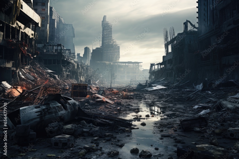 Poster a photograph of a dirty city street with a significant amount of debris on the ground. this image ca