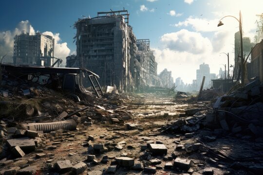 A picture of a destroyed city with a bus in the middle. This image can be used to depict a post-apocalyptic scene or the aftermath of a disaster.