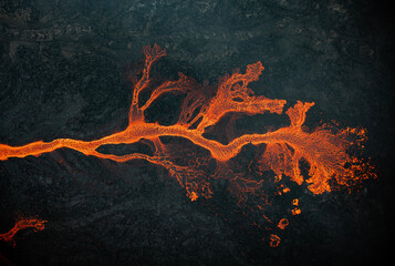 Aerial view of the texture of a solidifying lava field, close-up