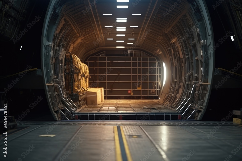 Poster The image shows the inside of a large aircraft with the door open. This versatile image can be used to depict various scenarios related to air travel, aviation industry, aircraft interiors, or even as