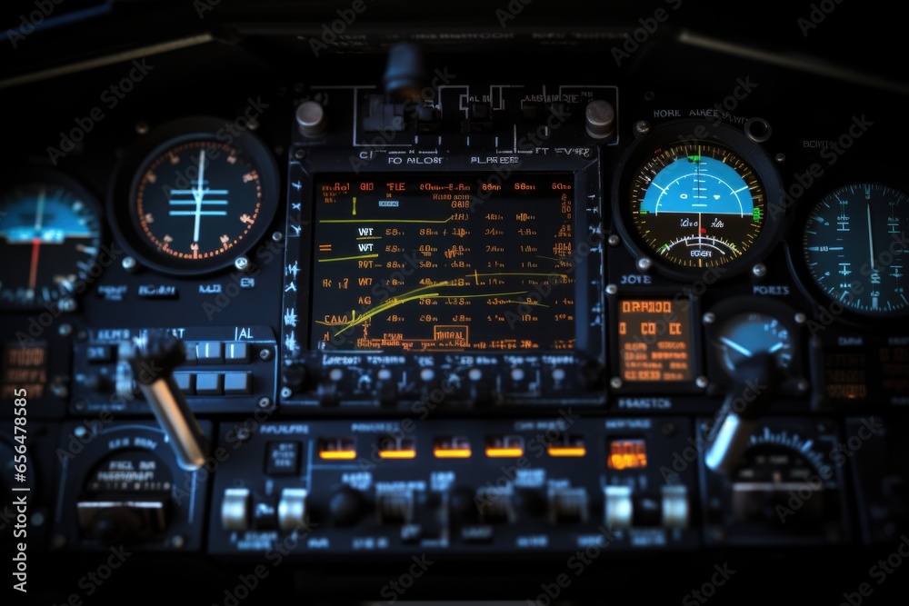 Poster a close-up view of the dashboard of a plane. perfect for aviation enthusiasts or travel-themed desig