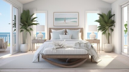 bedroom with a coastal chic decor style, featuring seashell accents and light, breezy fabrics