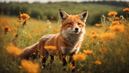 A fox hiding among beautiful spring flowers, wildlife