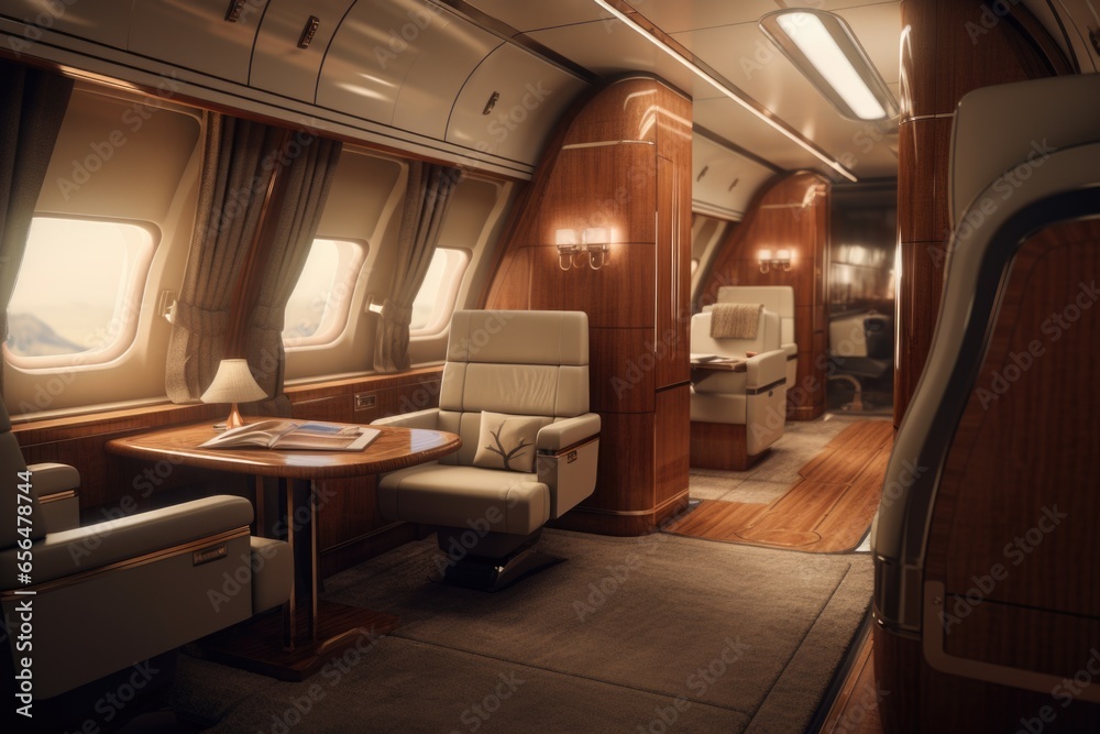 Poster a view of the inside of a passenger jet featuring a table and chairs. this image can be used to depi