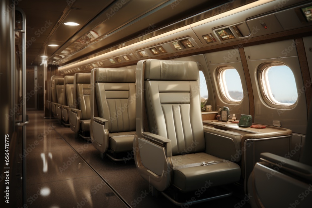 Poster A row of empty seats in an airplane. Suitable for travel-related themes and concepts.