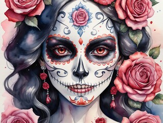 A Woman With A Sugar Skull Face And Roses