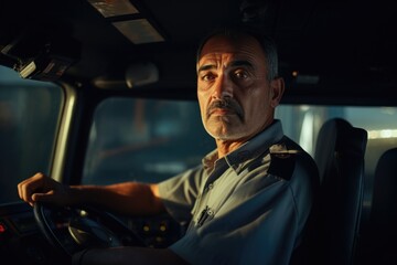 A man is seen driving a truck in the dark. This image can be used to depict nighttime transportation or the challenges of driving in low light conditions.