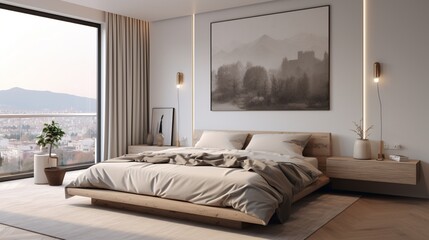 bedroom with a modern minimalist approach, featuring clean lines and monochromatic decor