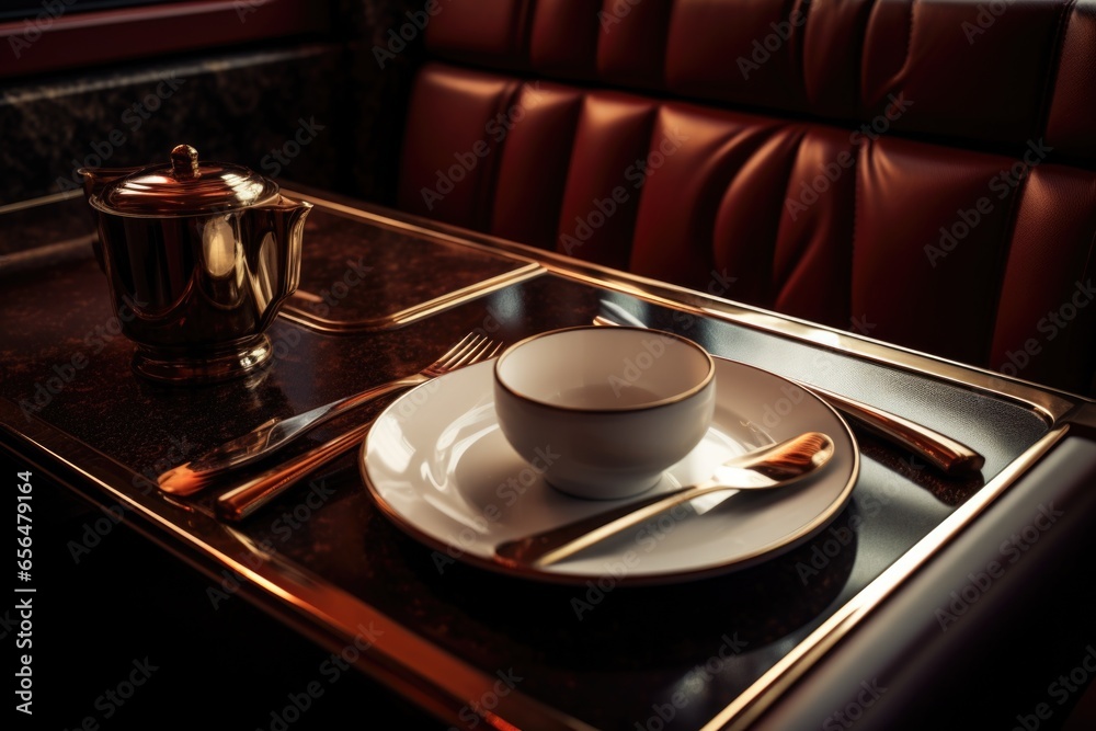 Poster A picture of a table set with a plate and silverware. This image can be used to showcase a formal dining setting or to illustrate a restaurant menu.