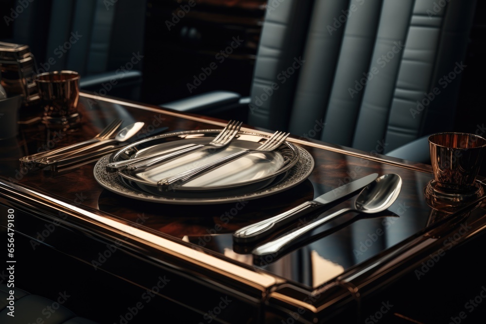 Aufkleber A table set with a plate and silverware. This image can be used to depict a dining scene or to showcase elegant tableware.