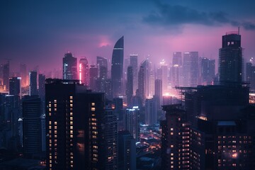 Fototapeta na wymiar As twilight descends, a surreal cityscape unfolds, where skyscrapers morph into dreamlike pillars against the dusky palette. 