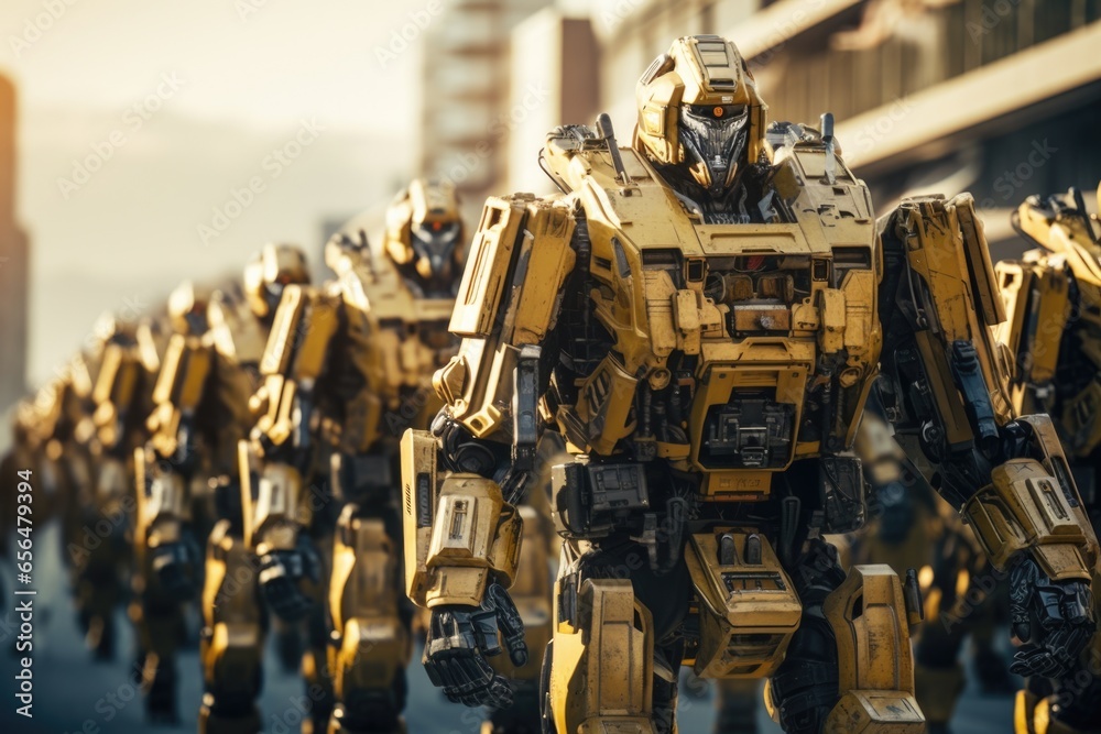 Poster a group of yellow robots walking down a street. perfect for technology or futuristic themed projects