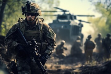 Fototapeta premium A man in a military uniform holding a rifle. Suitable for military-themed projects and visual storytelling.