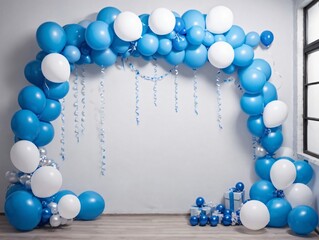 Fototapeta na wymiar A Blue And White Balloon Arch With Balloons