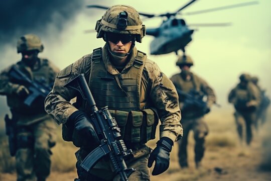 A group of soldiers walking in a field with a helicopter in the background. This image can be used to depict military operations or training exercises.