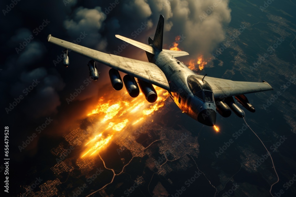 Poster a powerful fighter jet soaring through the sky with flames shooting out from its engines. perfect fo