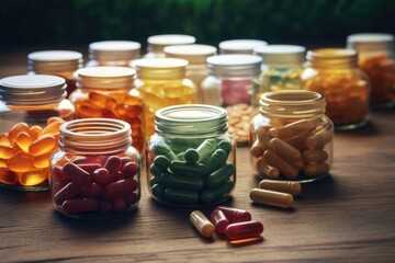 A collection of different pills and capsules spread out on a table. This image can be used to depict healthcare, medicine, pharmaceuticals, or medical treatment.